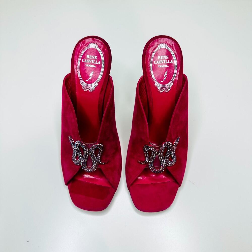 Rene Caovilla Venezia EU 37 US 7 Sandals Red Suede Leather Crystal Snake Mules - Picture 5 of 11